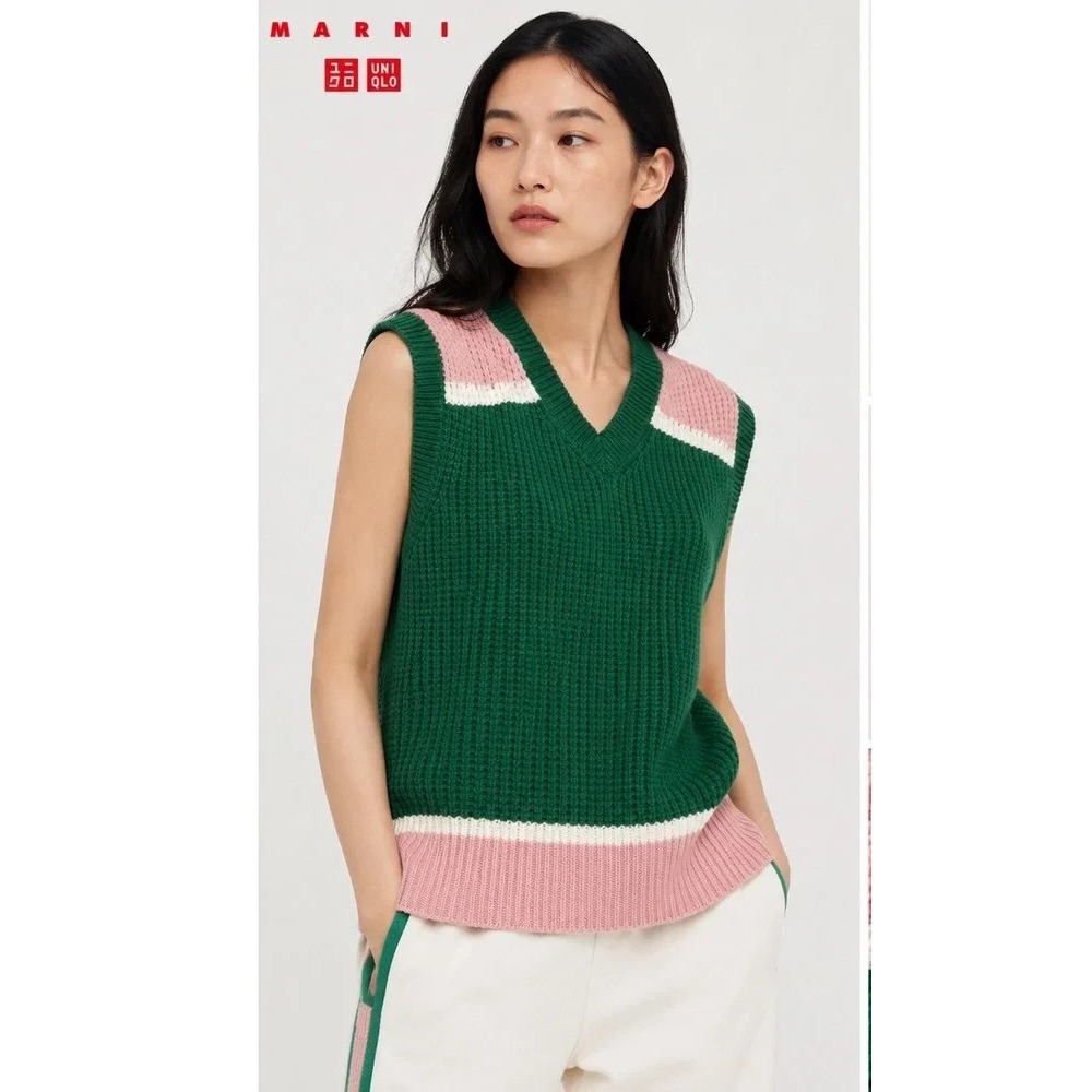 Marni x Uniqlo Green Pink Colorblock Waffle Knit Sweater Vest V-Neck Womens XS